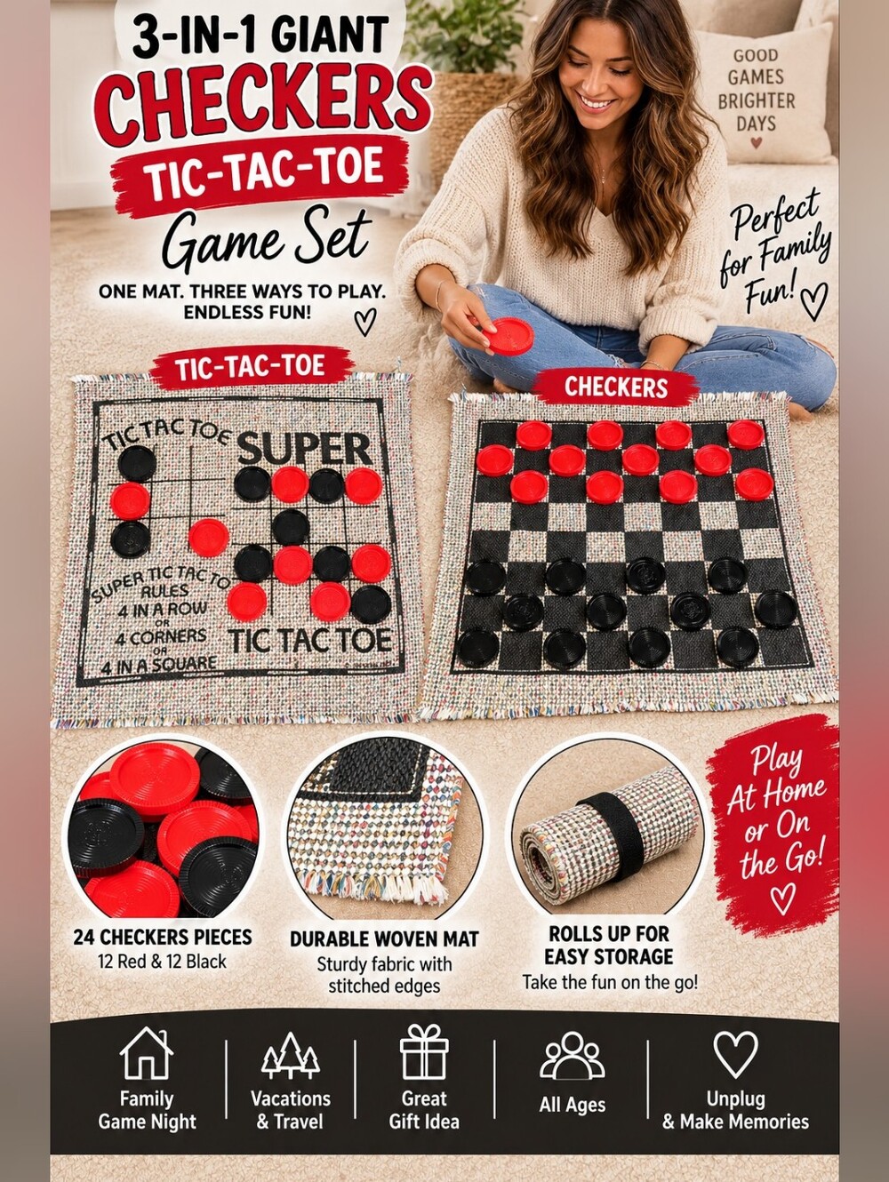 3-in-1 Giant Checkers & Tic-Tac-Toe